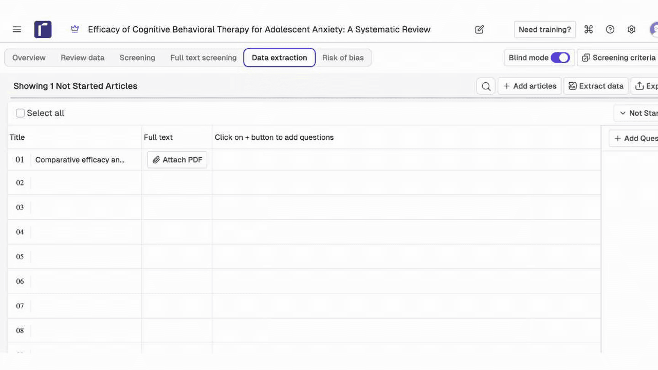 Rayyan data extraction spreadsheet view with Title and Full text columns, Add Question button, and 1 Not Started article with Attach PDF option and Blind mode ON
