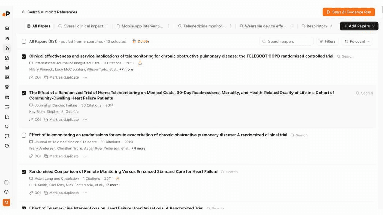 Paperguide Search & Import showing 831 papers pooled from 5 searches, with AI Evidence Run button and paper list with DOI and citation counts