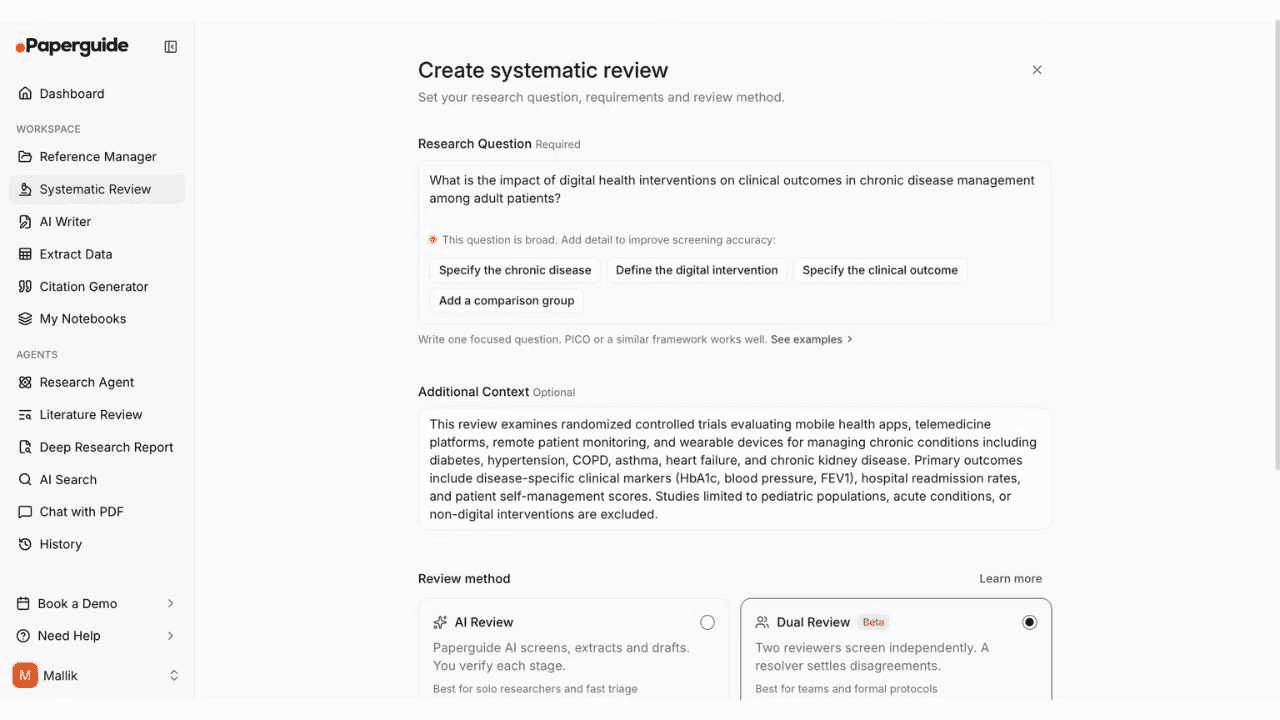 Paperguide Create Systematic Review form with research question field, review method selector showing Dual Review Beta, and full sidebar with all workspace modules