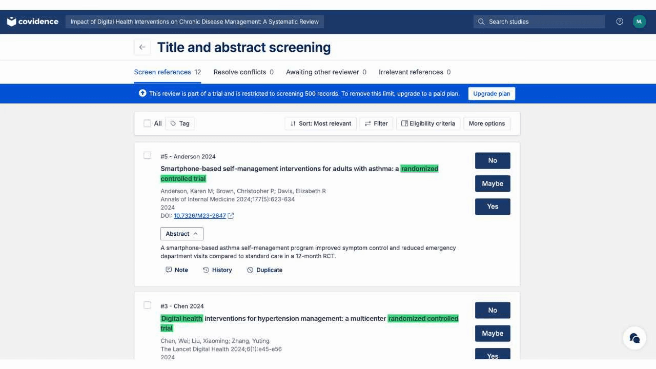 Covidence Title/Abstract screening showing Yes/No/Maybe voting buttons, keyword highlights in green for randomized controlled trial, abstract text, and DOI link