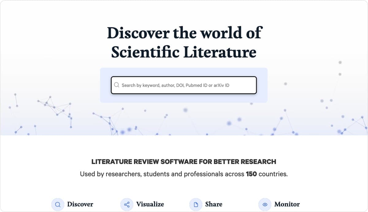 Litmaps homepage with a literature search box and a network of connected papers