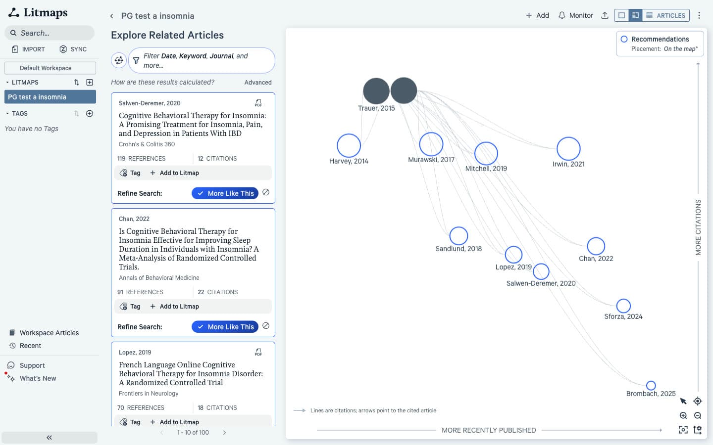 Litmaps citation map for the two insomnia seeds, with newer papers to the right and more cited papers higher, beside the Explore Related Articles list