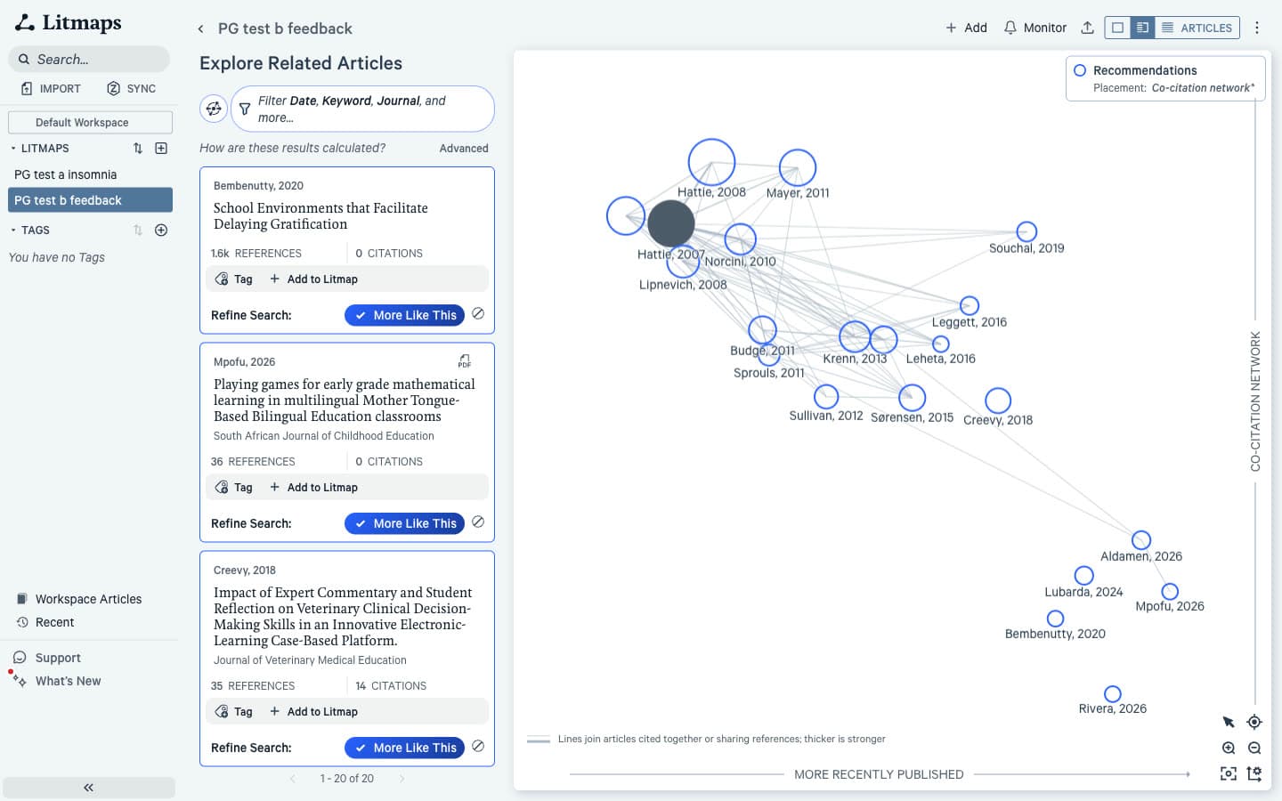 Litmaps Co-citation network for The Power of Feedback: Hattie 2007 as a dark seed node joined by lines to papers such as Hattie 2008, Lipnevich 2008 and Krenn 2013, with newer recommendations from 2024 and 2026 to the right, beside an Explore Related Articles list
