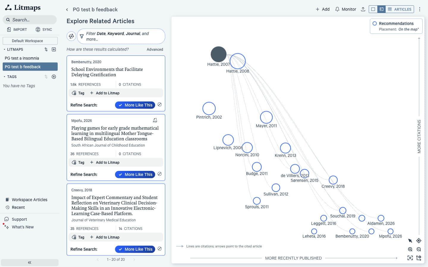 Litmaps Citation map for The Power of Feedback with recommended papers plotted by publication date and citations, and an Explore list led by off-topic titles on school environments, early grade maths games and veterinary education