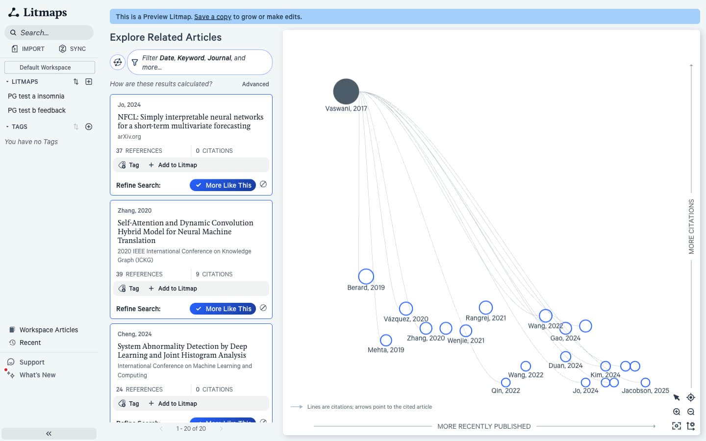 Litmaps preview map for Attention Is All You Need with many recommended papers from 2024 and 2025 sitting on the right of the timeline