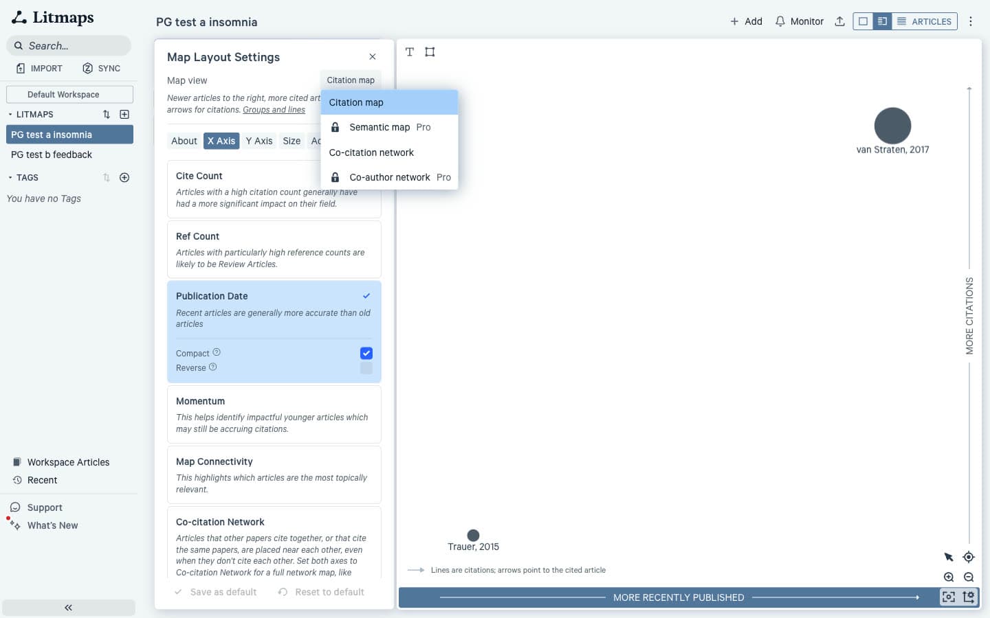 Litmaps Map Layout Settings menu listing four map views: Citation map, Semantic map marked Pro, Co-citation network, and Co-author network marked Pro