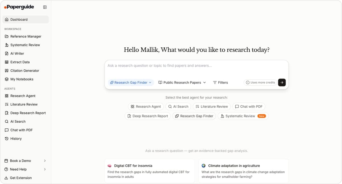 Paperguide dashboard with Research Gap Finder selected in the search box, ready for a research question, with example prompts such as digital CBT for insomnia and climate adaptation in agriculture