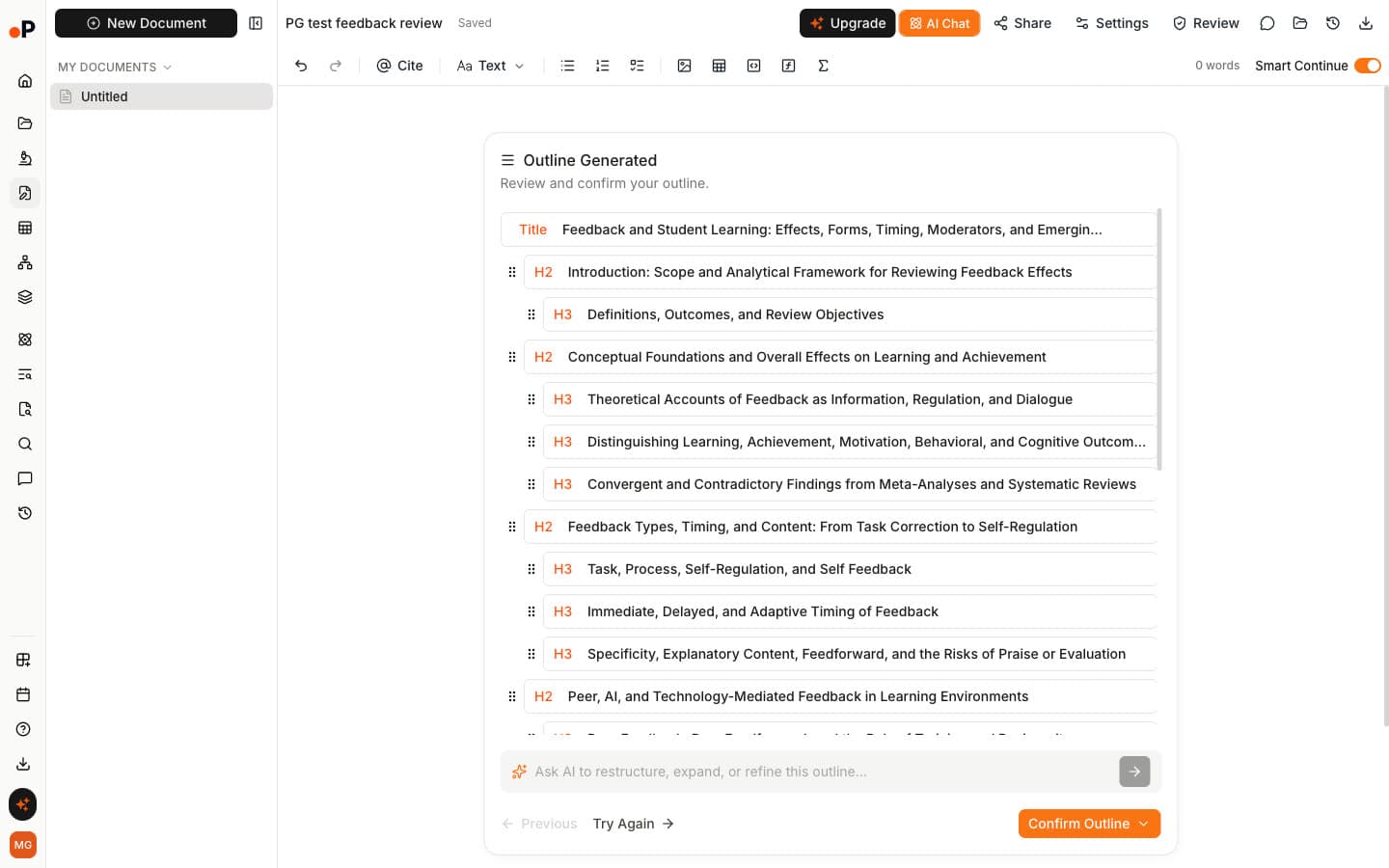 Paperguide AI Paper Writer generated outline for review, with Title, H2 and H3 rows on feedback and student learning and buttons to try again or confirm the outline