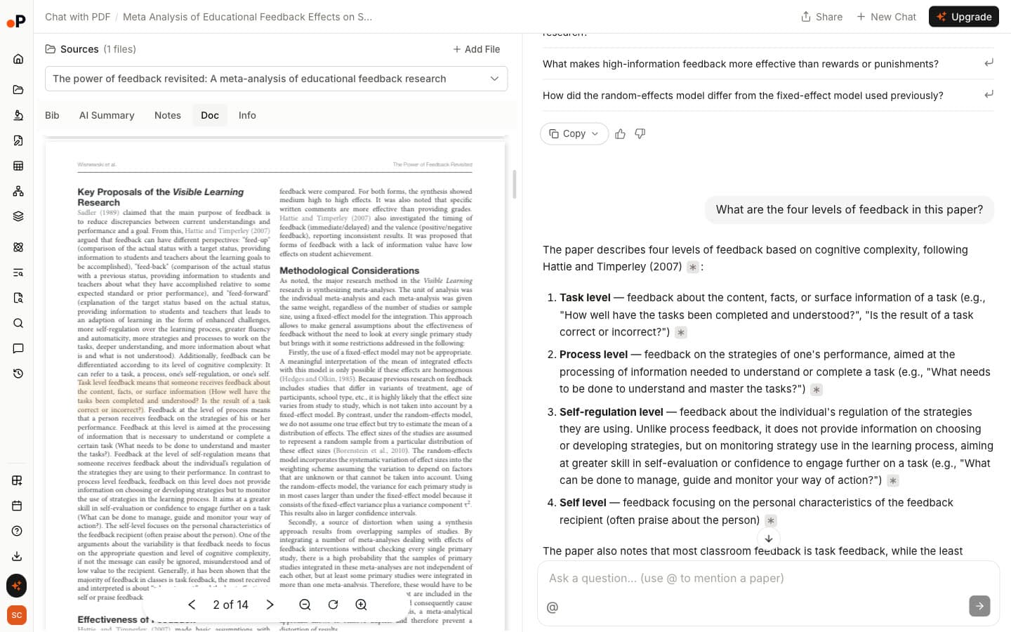 Paperguide Chat with PDF on the 2020 feedback meta-analysis: the PDF beside an answer listing the task, process, self-regulation and self levels of feedback, each with a citation chip