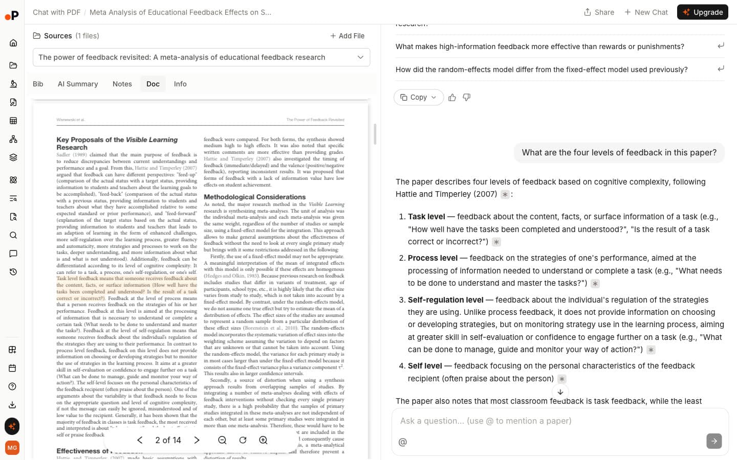 Paperguide Chat with PDF on the 2020 feedback meta-analysis: the PDF beside an answer listing the task, process, self-regulation and self levels of feedback, each with a citation chip