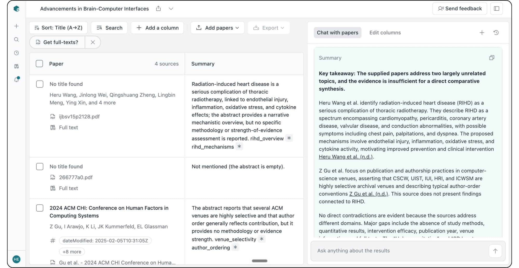 Elicit chat with papers panel summarizing four uploaded sources next to a table of paper summaries