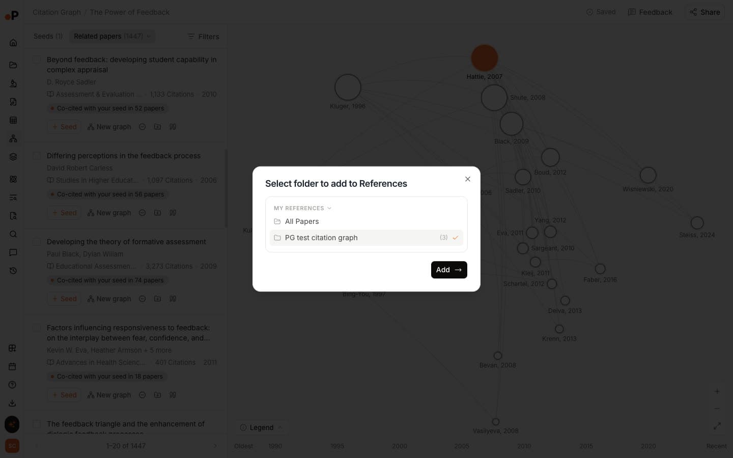 Paperguide Citation Graph Add to Reference Manager dialog, Select folder to add to References, listing All Papers and a folder holding three papers, with an Add button