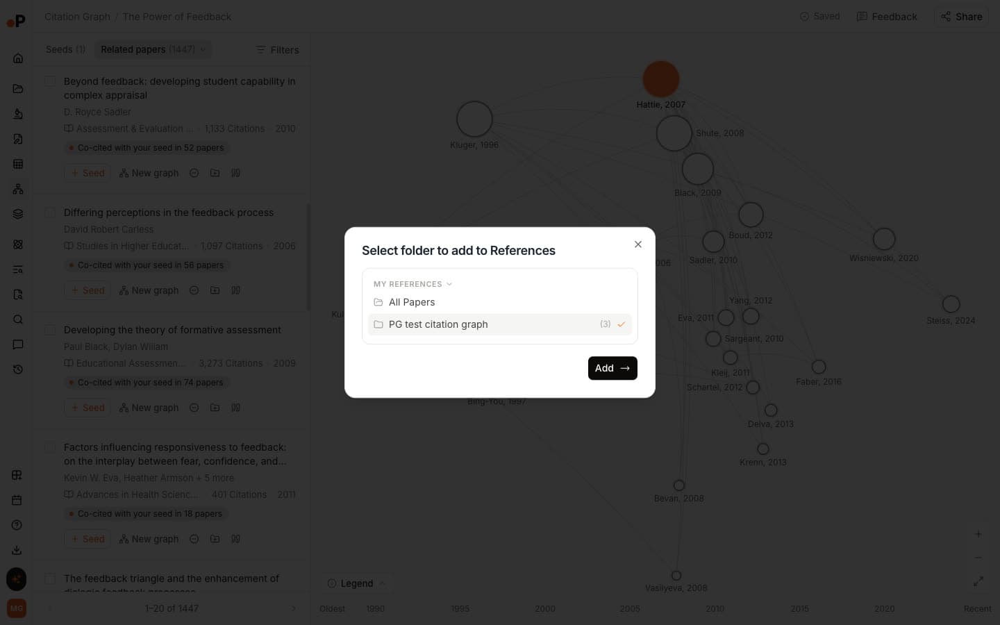 Paperguide Add to Reference Manager dialog opened from a Related paper card, with a folder of papers from the citation graph selected and an Add button