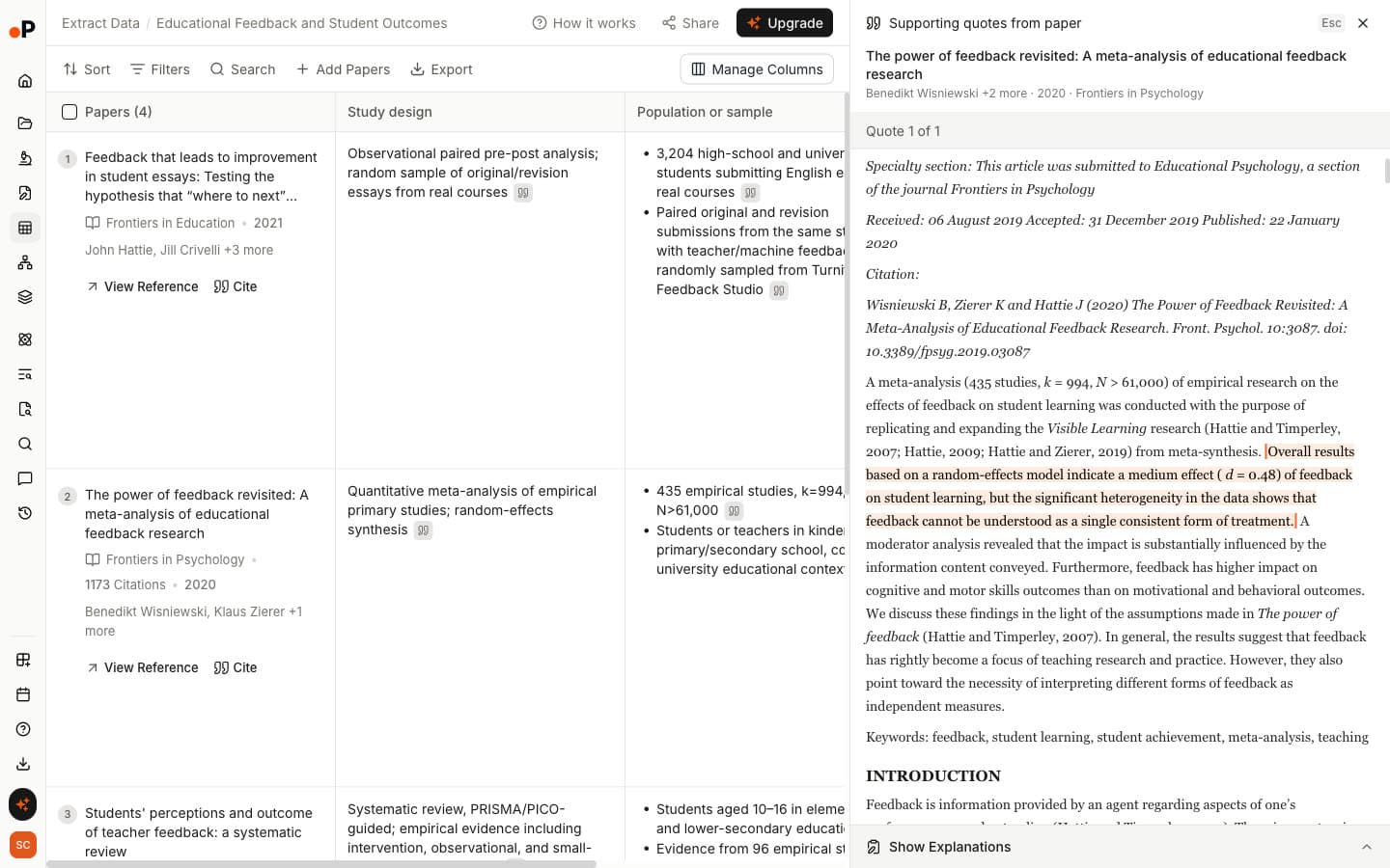 Paperguide Extract Data supporting quote panel highlighting the sentence that reports a medium effect of d = 0.48 of feedback on student learning