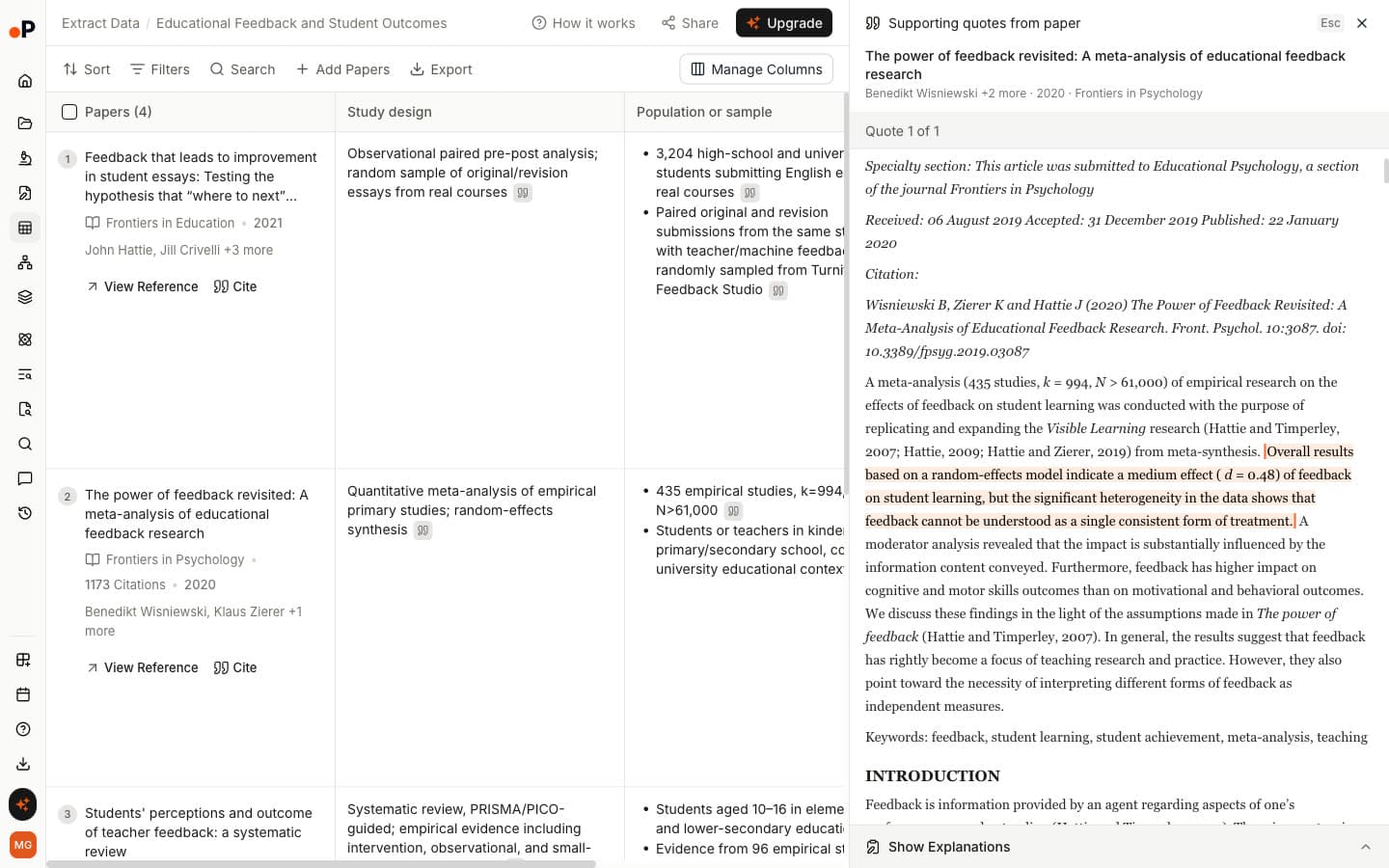 Paperguide Extract Data supporting quote panel highlighting the sentence that reports a medium effect of d = 0.48 of feedback on student learning