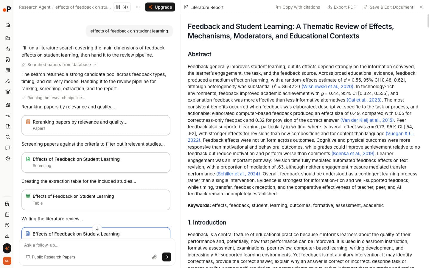 Paperguide Literature Review AI finished run: pipeline cards for reranking, screening, extraction and writing on the left, and a Literature Report on feedback and student learning with in-text citations on the right