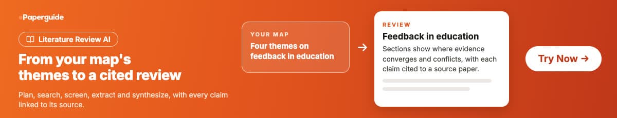 Literature Review AI banner: a literature review map with four feedback themes sits beside a structured review whose sections show where evidence converges and conflicts, each claim cited to a source paper