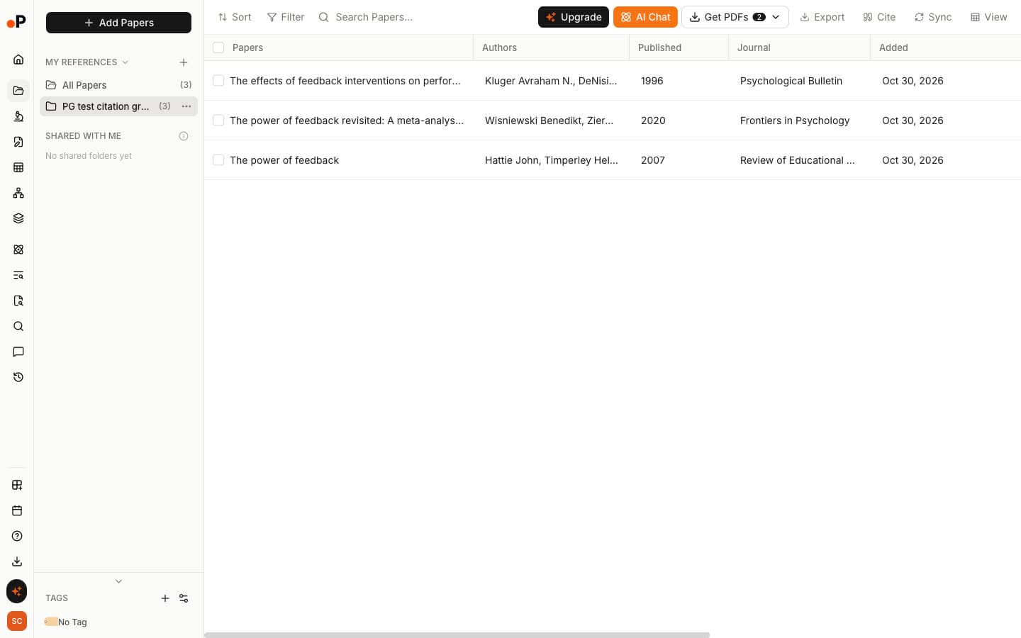 Paperguide Reference Manager folder holding three papers saved from the Citation Graph: Kluger and DeNisi 1996, Wisniewski and colleagues 2020, and Hattie and Timperley 2007, with Export, Cite and Sync buttons in the toolbar