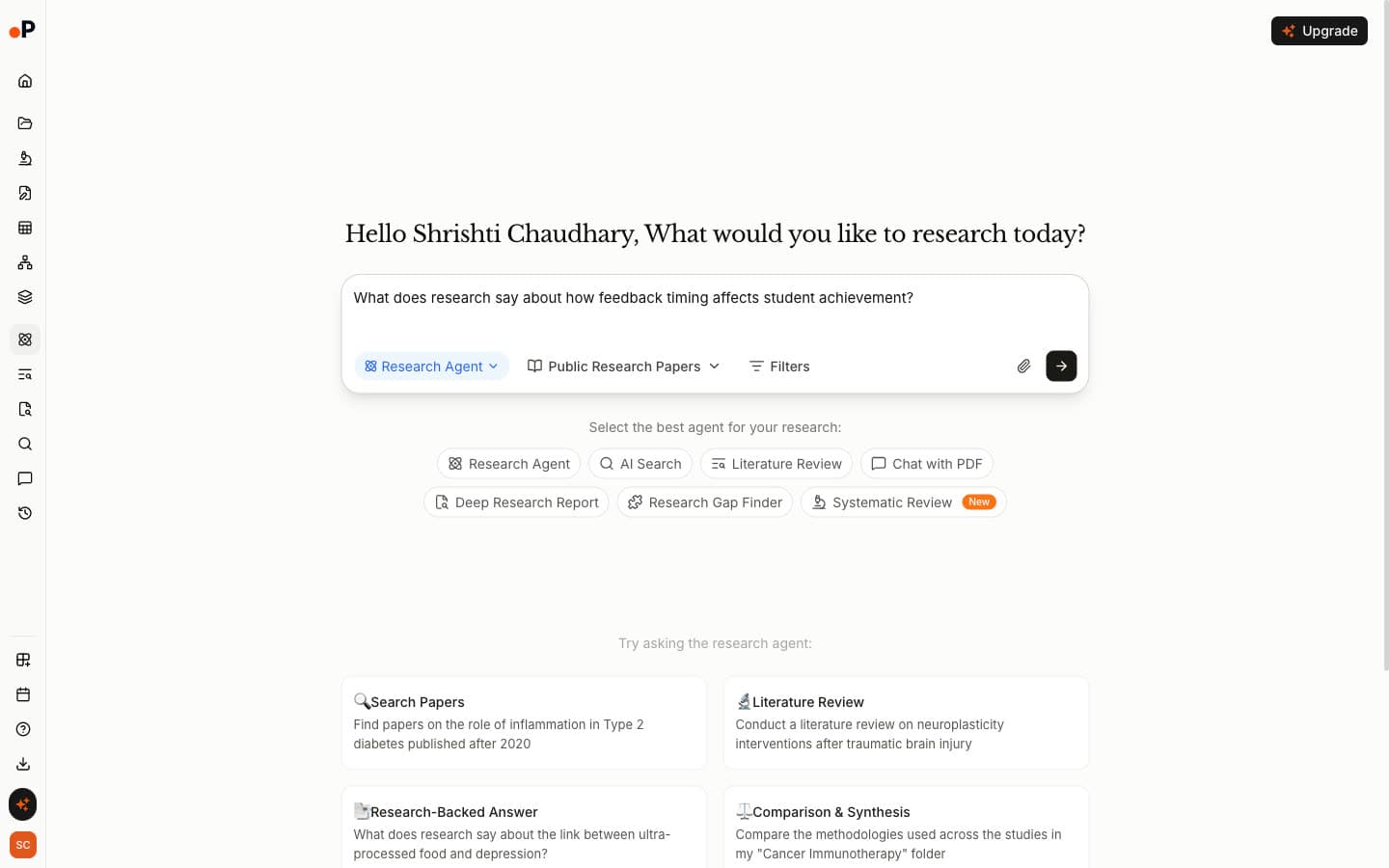 Paperguide Research Agent start screen with a typed question and a menu of agents including AI Search, Literature Review, Chat with PDF, Deep Research Report, Research Gap Finder and Systematic Review