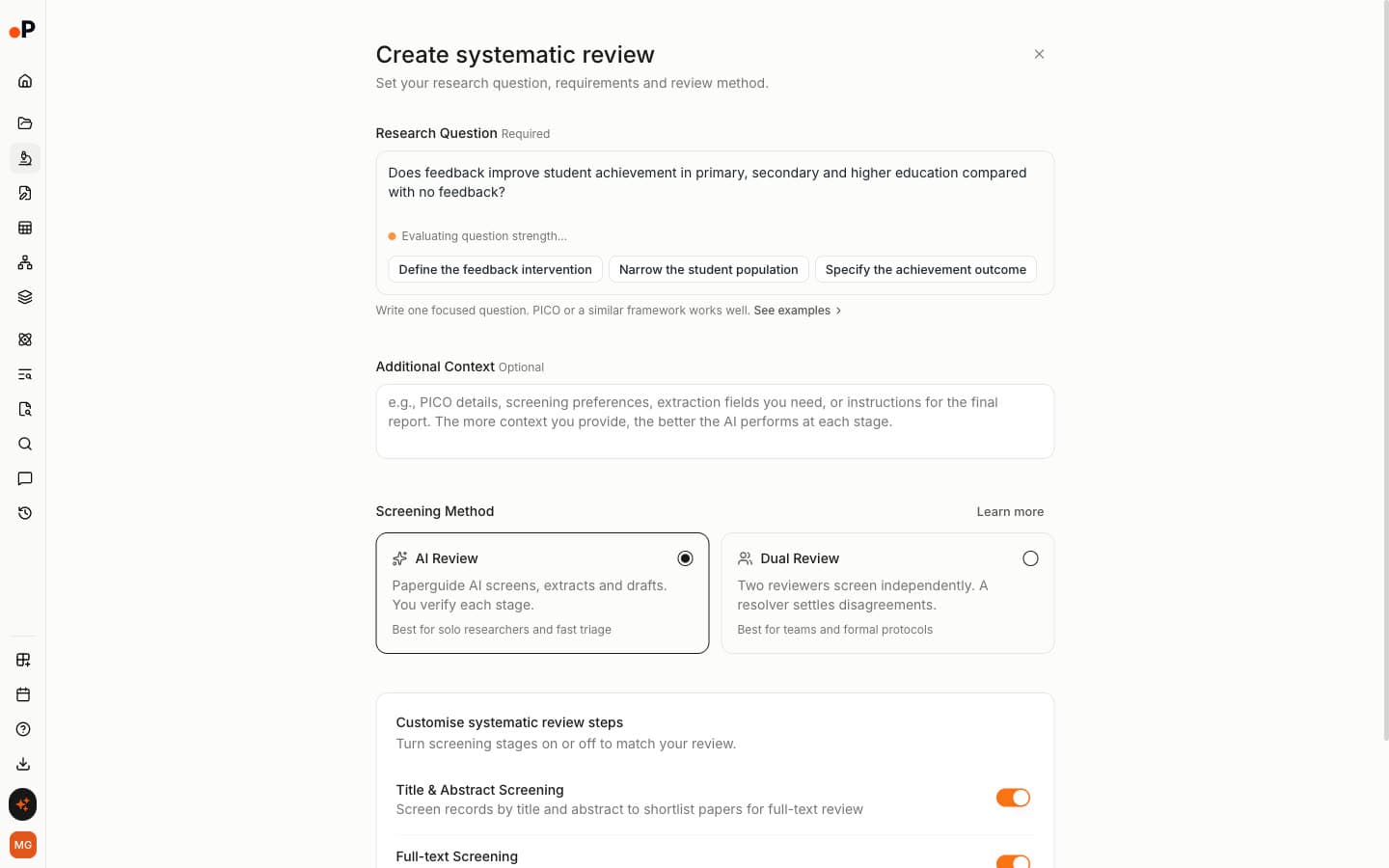 Paperguide Create systematic review form with a research question, a hint suggesting how to narrow it, and a choice between AI Review and Dual Review screening methods