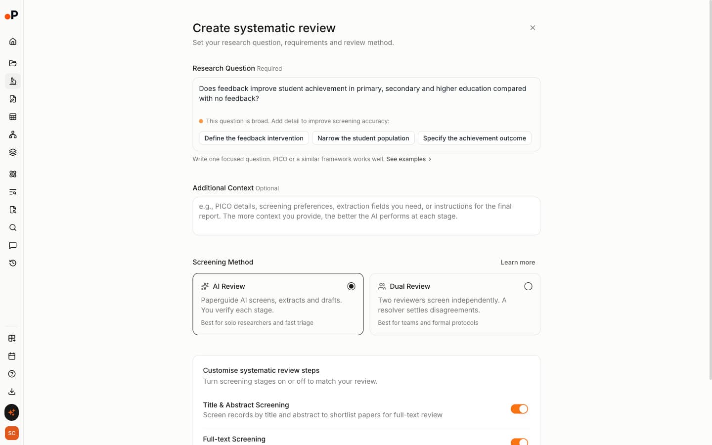 Paperguide Create systematic review form with a research question, a hint suggesting how to narrow it, and a choice between AI Review and Dual Review screening