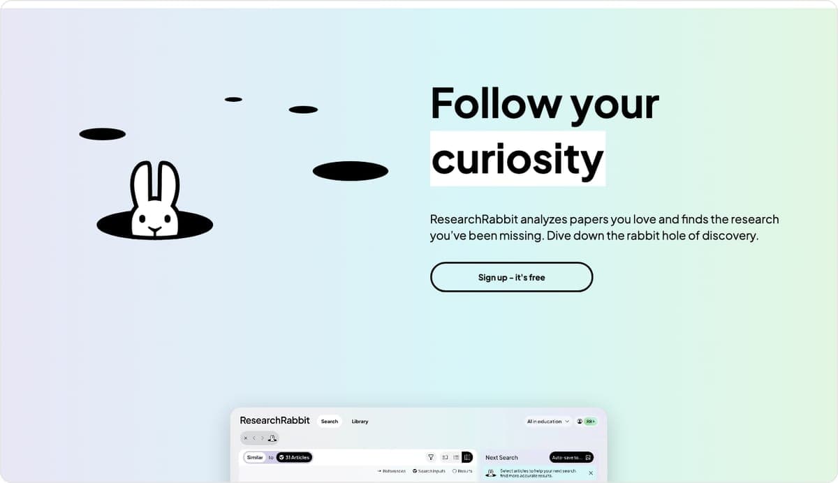 ResearchRabbit homepage with the tagline follow your curiosity and a preview of the citation explorer