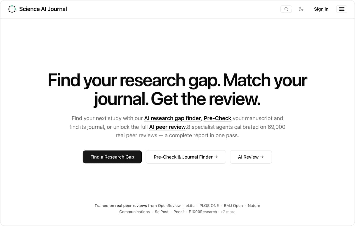Science AI Journal homepage with its headline find your research gap, match your journal, get the review, and a Find a Research Gap button