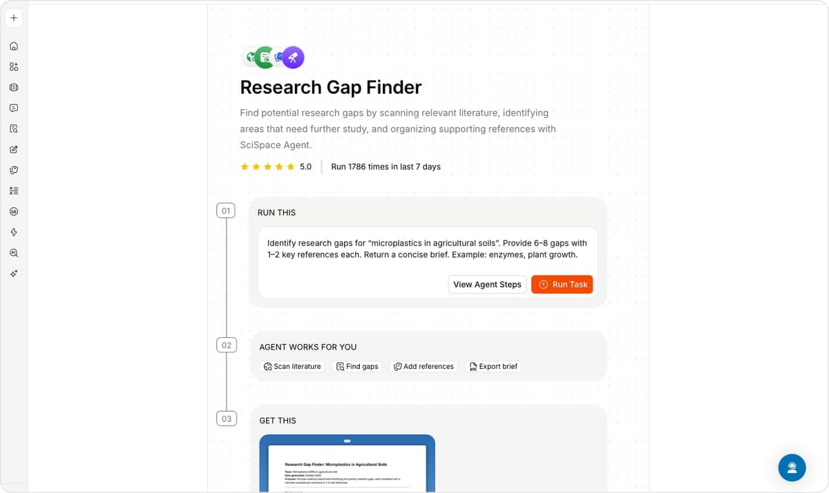 SciSpace Research Gap Finder agent page showing the four agent steps: scan literature, find gaps, add references and export brief