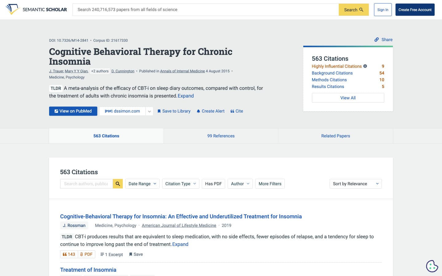 Semantic Scholar paper page for the 2015 insomnia meta-analysis with an AI TLDR, Save to Library, Create Alert and Cite buttons, a breakdown of 563 citations into highly influential, background, methods and results citations, and the citations list sorted by relevance
