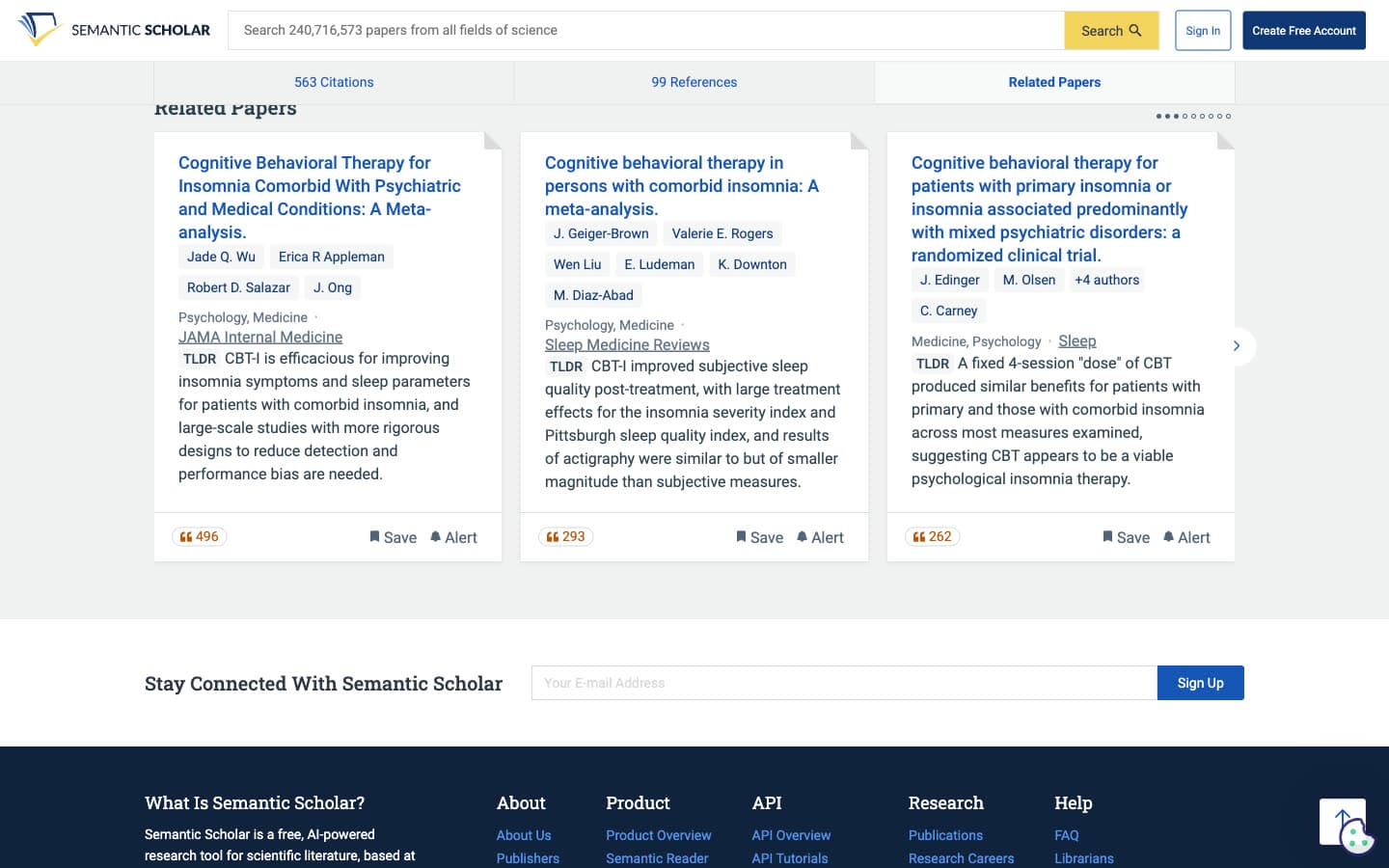 Semantic Scholar paper page for the insomnia meta-analysis showing 563 Citations, 99 References and three Related Papers cards with TLDR summaries, citation counts, and Save and Alert buttons