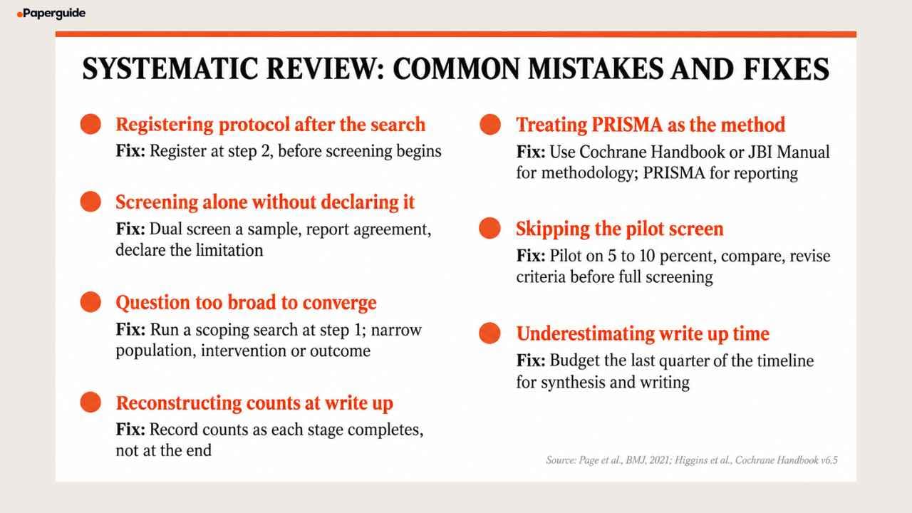 Seven common systematic review mistakes and their fixes, from registering the protocol after the search to underestimating write up time